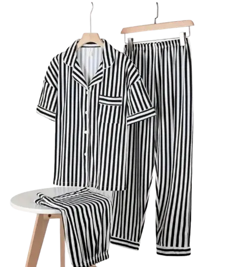 baju piyama couple pasangan suami istri keren  korean style murah cowok cewek dewasa lengan pendek celana panjang motif salur 2