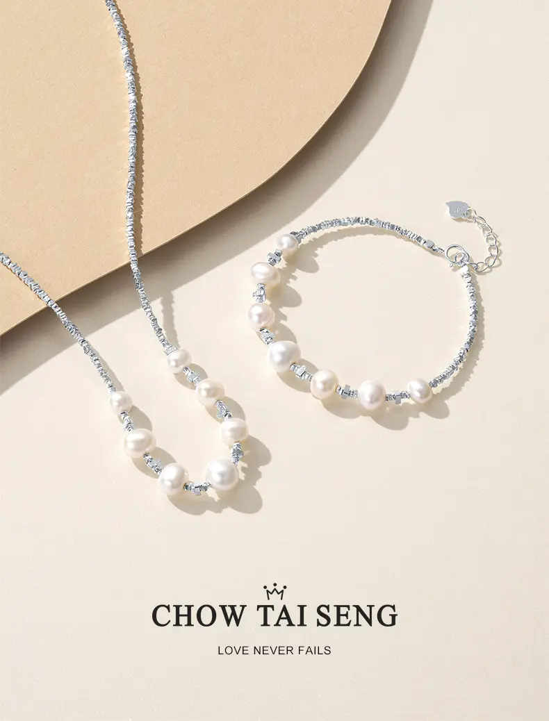 【Chow Tai Seng Jewellery】Silver 925 Broken Silver Light Luxury Niche Chocker Necklace & Bracelet Set