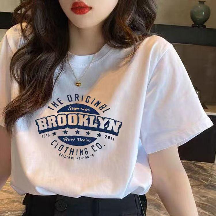 Product Introduction of Western style short sleeved printed summer new white shoulder half sleeved casual style sports top loose and versatile slimming T-shirt 17