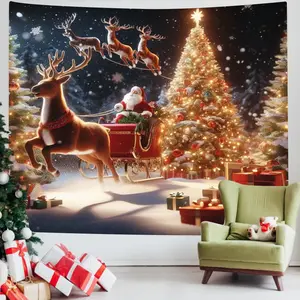 Hiasan dinding Natal retro, latar belakang foto suasana meriah, kain gantung kartun ceria dan lucu