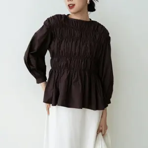 BLOUSE KERUT LENGAN PANJANG KEENAN | ATASAN FLOWY VARIASI KANCING POLO LINEN softblue blus & kemeja cantik korea