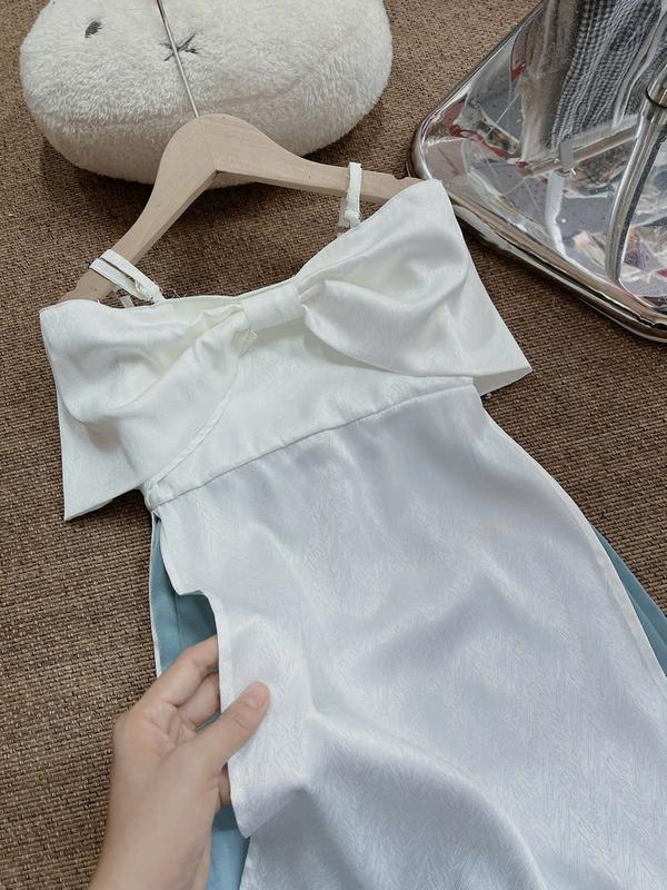 Set Áo Dài Bẹt Vai Lụa Trắng Kèm Quần Dài Lụa Xanh 49C Dành Cho Bé Gái