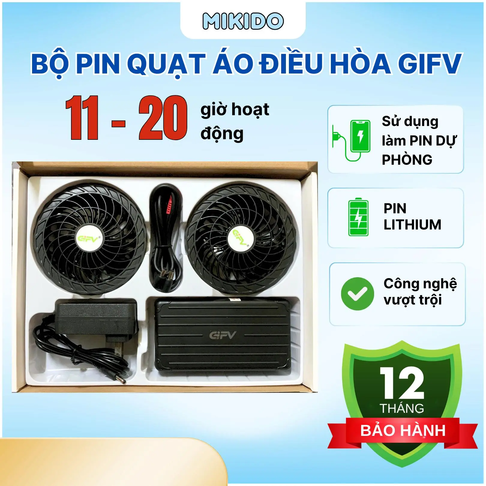 [BỘ PHỤ KIỆN GIFV] Bộ Pin Quạt cho Áo Nắng Điều Hòa, Áo quạt gió điều hòa dung lượng cao thời gian sử dụng kéo dài liên tục cả ngày làm việc- làm mát, chống nắng, bảo vệ sức khỏe, Pin Áo điều hòa tích hợp sạc dự phòng