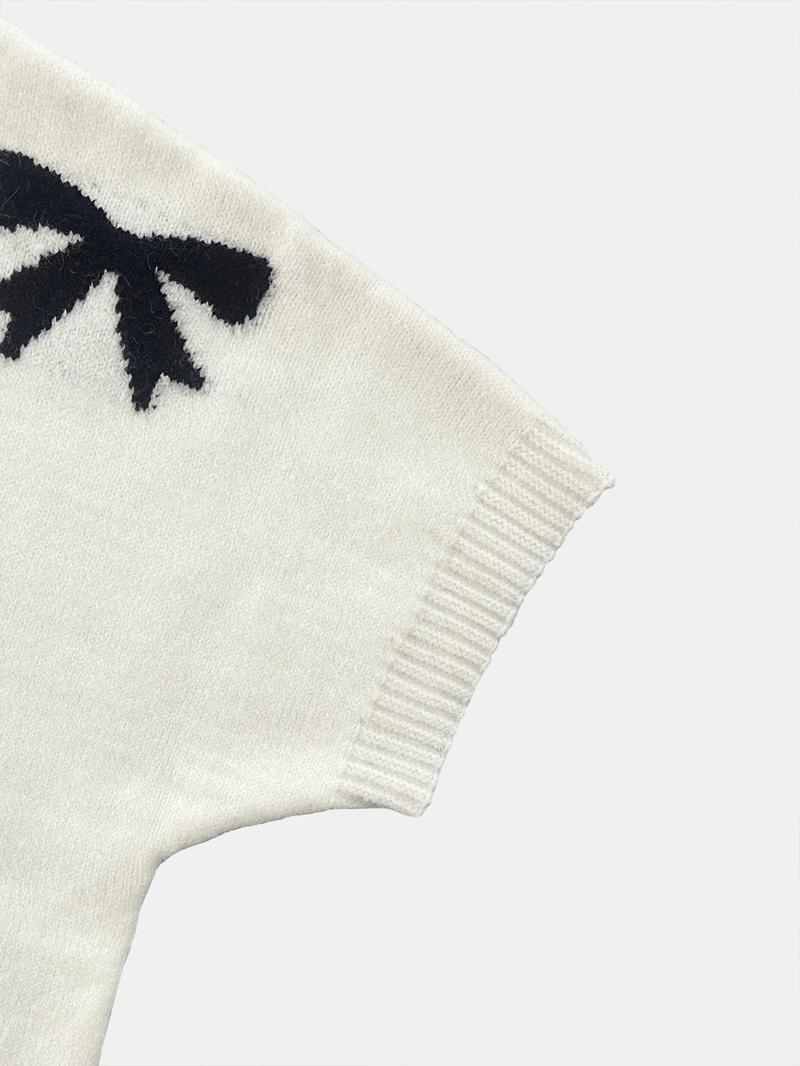 Product Introduction of Women's Bow Pattern Crew Neck Sweater Pullover, Casual Short Sleeve Jumper for Summer, Fashion Women's Knitwear for Daily Wear 7