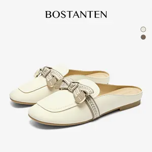 BOSTANTEN Sepatu Wanita Flat Shoes Mueller Kulit Sintetis Non-slip Sol Coklat & Off Putih Ukuran 36-41 Kualitas Tinggi