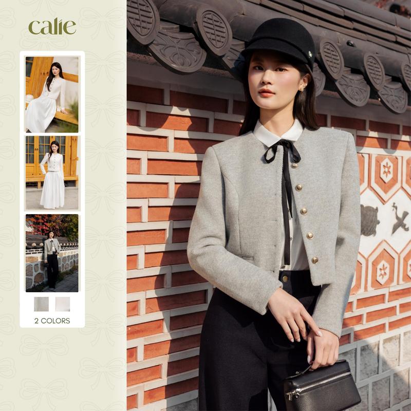   Harmony  Áo khoác dạ cổ tròn túi cơi AK164 chân váy dài CX065 quần Jean ống suông QJ025 thiết kế thời trang Calie 