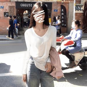 Elegant V-Neck Long Sleeve Top, Women's Casual Loose Fit Tee, Perfect Inner Layer for Early Fall, Stylish Comfortable Blouse 7612