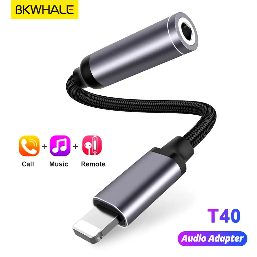 BKWHALE ip to 3.5mm Adaptor Headset Earphone Adaptor with microphone T40 Audio Jack For iP 14 13 12 11 6/ 7 / 8 / X