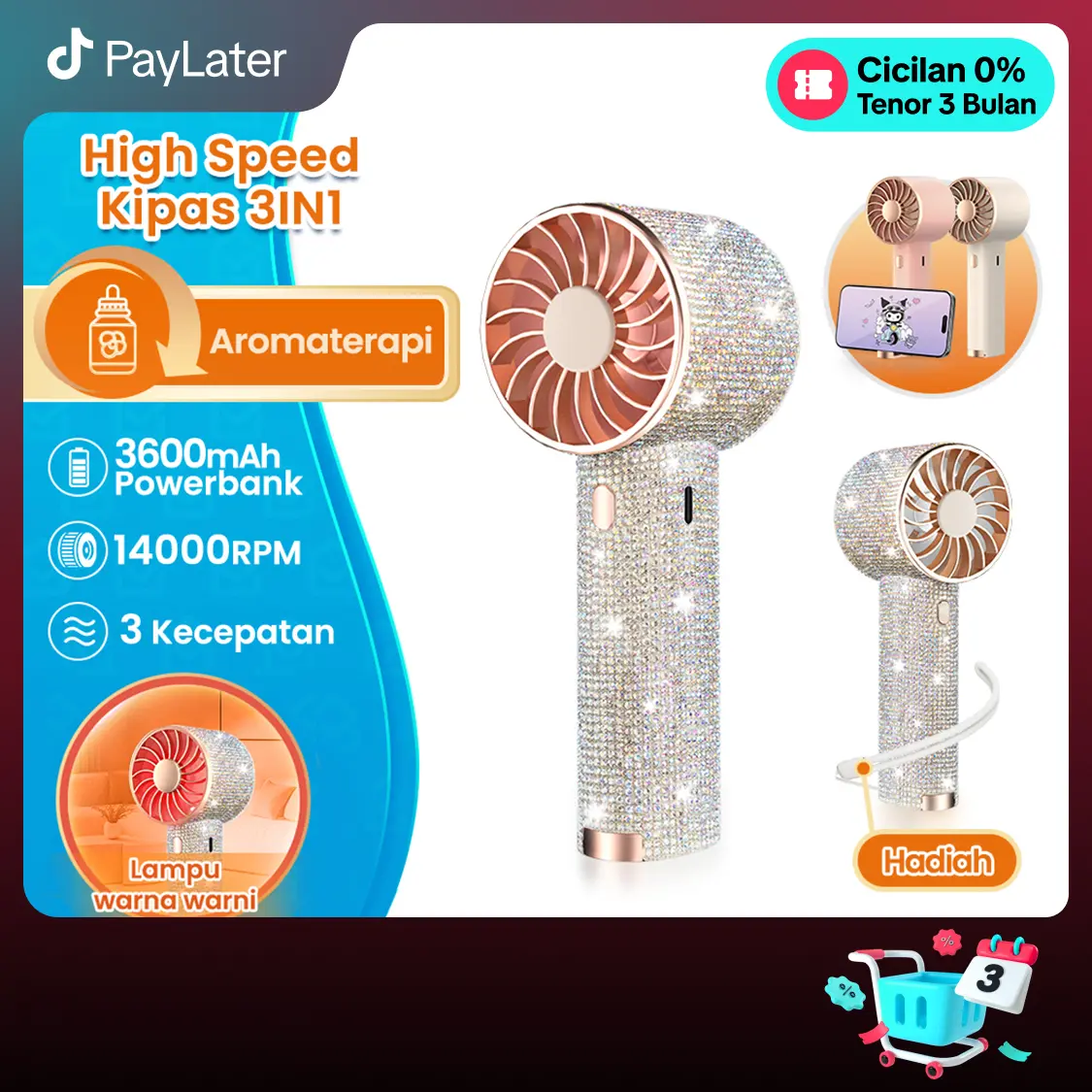 (COD)[U]Bravhom Kipas Angin Mini Portable 3IN1 Aromaterapi 3 Kecepatan Lampu Warna Warni Phone Holder FN16