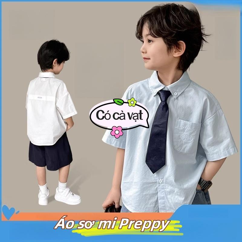 Áo sơ mi bé trai tặng kèm cà vạt – Thời trang học sinh phong cách Hàn Quốc (Size 120–170)