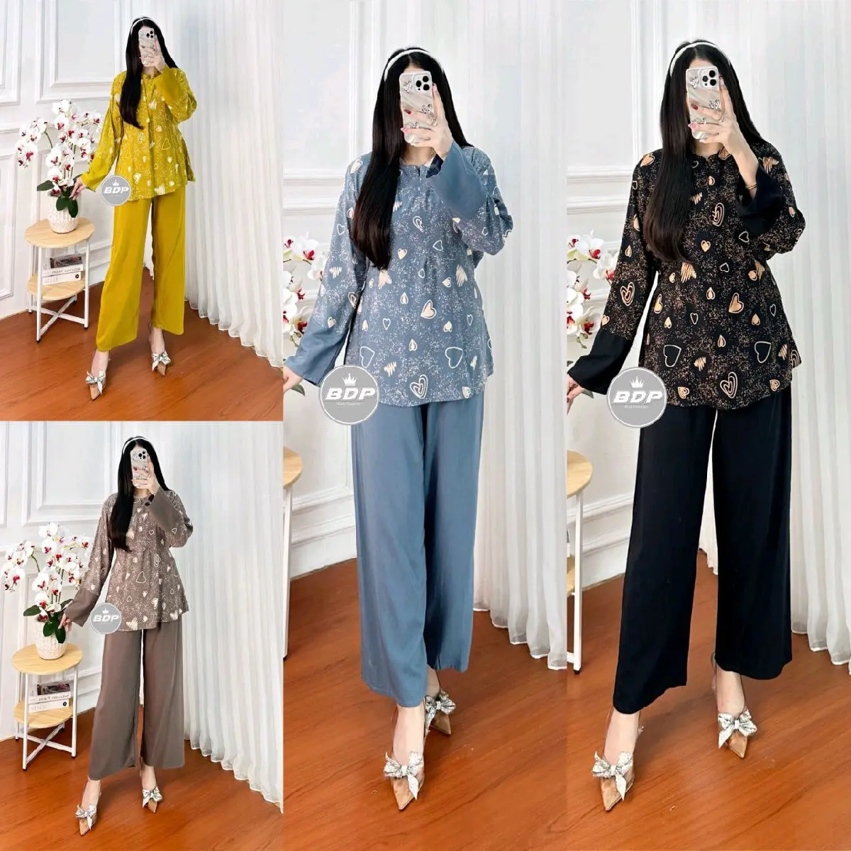 Setelan Wanita Rayon Love - Ukuran Baju 110 cm, Celana Lingkar Paha 60 cm, wanita dewasa
