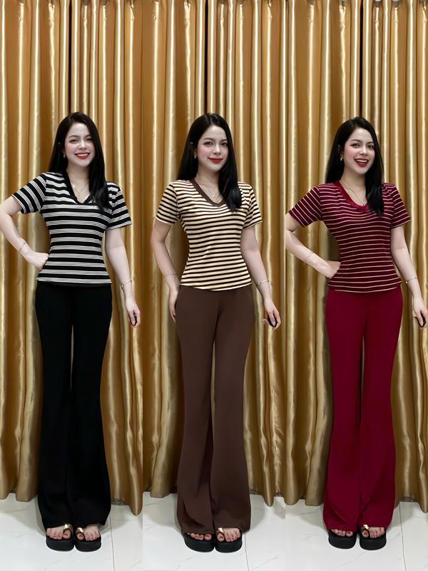 Thời Trang Nữ - Set Quần Áo Mùa Hè Cho Nữ Áo Tay Ngắn Sọc & Quần Ống Loe Tôn Dáng