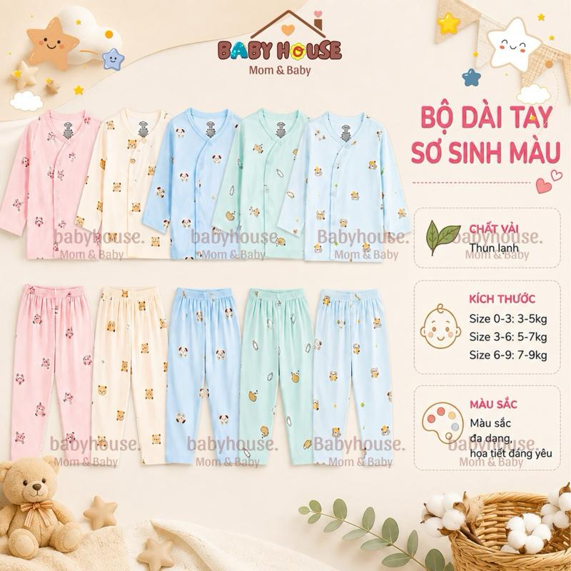 Set 5 Bộ Quần Áo Sơ Sinh Dài Tay Trắng/ Kem Baby House Chất Thun Lạnh Cao Cấp -…