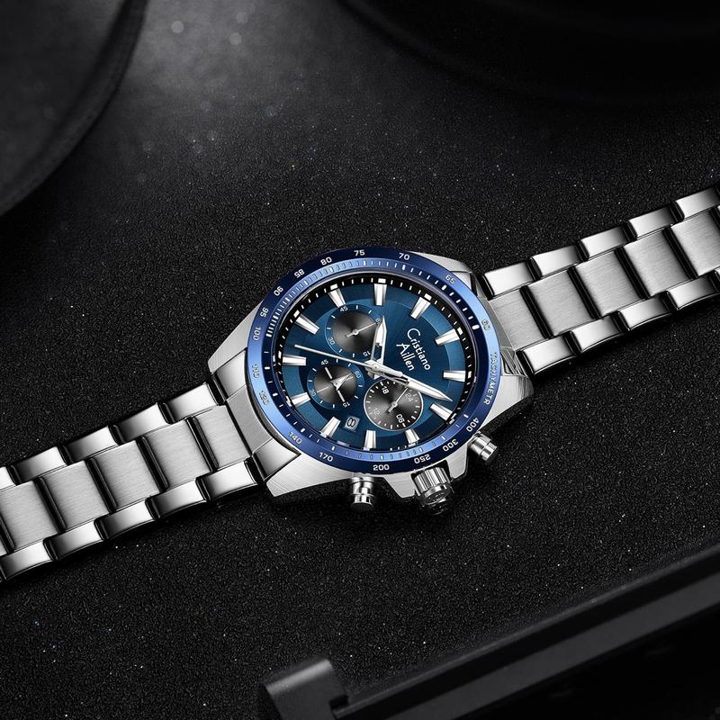 Cristiano Aillen Jam Tangan Pria Analog 8891 Rantai Stainless Steel Chronograph Kaca Sapphire Water Resistant 3 ATM Watches Waterproof 6