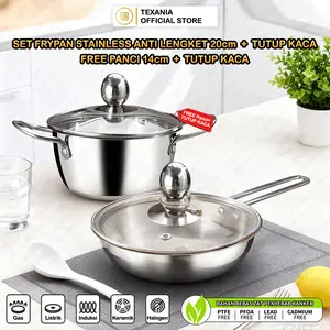 [GMA] TEXANIA Set Frypan Stainless 20cm - Panci Stainless 14cm Anti Lengket Free Tutup Kaca
