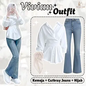 3in1 One Set Wanita Kekinian (Kemeja Katun Twistcone, Celana Cutbray Jeans, Bella Square) KY5L