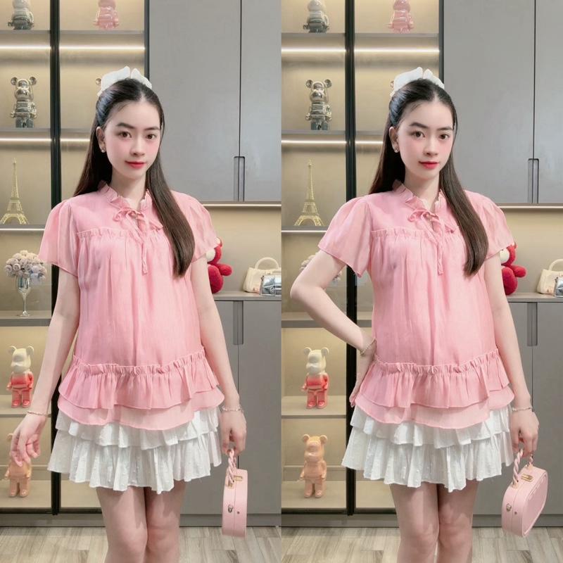    ẢNH THẬT     40 - 80kg   Áo Bầu Babydoll Xếp Ly Tầng Buộc Nơ Phong Cách Dễ Thương 