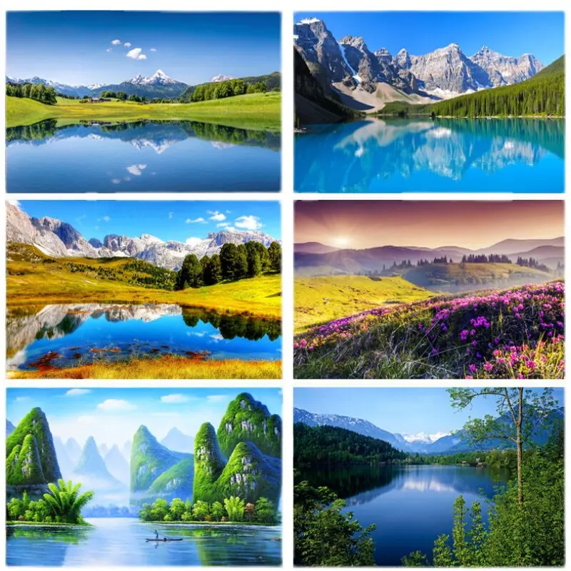 Poster lukisan pemandangan gunung dan air, gunung, air terjun, danau, pemandangan alam, bunga dan rumput, dekorasi dinding kamar dan ruang tamu, kain gantung, permadani