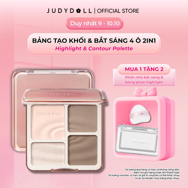 [KOL]JUDYDOLL Bảng phấn tạo khối bắt sáng 4 màu Highlight Contour Palette Mềm mịn Tự nhiên Lâu trôi 9g