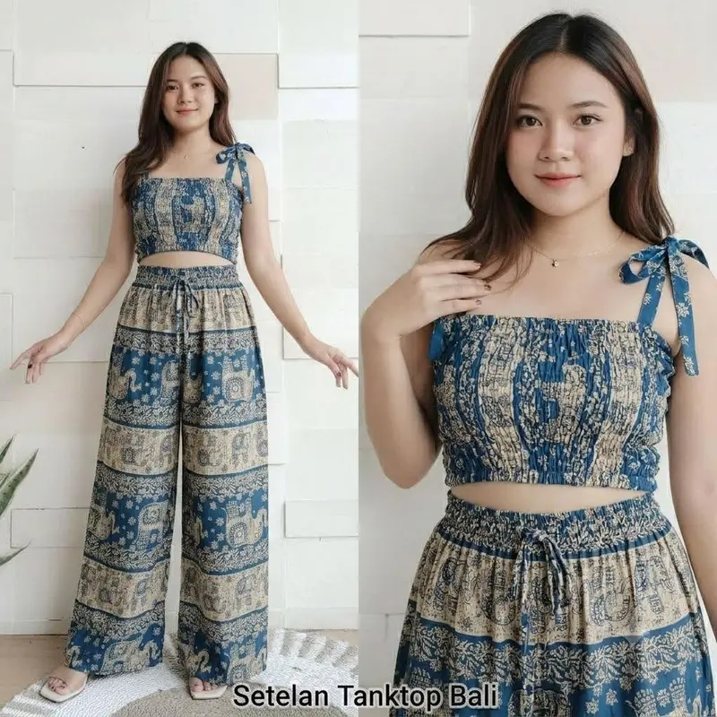 One Set Tanktop & Celana Kulot Panjang Motif Gajah Thailand Rayon Adem variasi 2