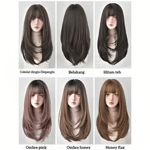 Wig Wanita Full Kepala 60CM Wig Korean Layer Wig daily Rambut Palsu Wig rambut panjang Wanita Korea Straight Lurus Natural hair extension Rambut palsu wanita full kepala  wig natural wanita