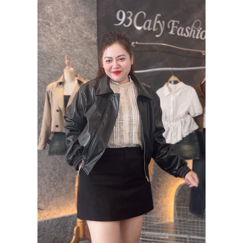 479 BIGGSIZE Áo khoác da nữ hàng hai lớp tay bo chun tạo kiểu cổ bẻ