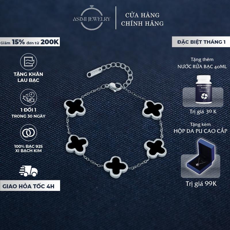  Lắc tay bạc mặt đá cỏ 4 lá Asimi Vòng tay bạc ta S925 sáng bền màu xi bạch kim đơn giản Lucky Line LT17 