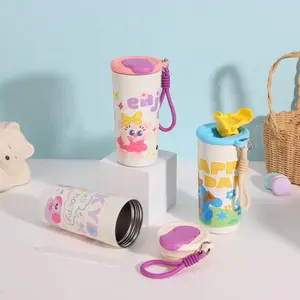 Tumbler Botol Anak Stainless Steel 450ml Enjoy Happy Day / Tumbler Termos Tempat Minum Stainless Steel Karakter Panas Dingin dengan Tali funnycook
