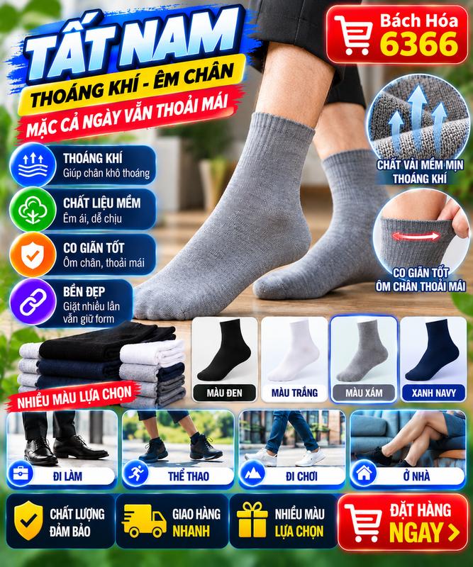 5 Đôi Vớ/Tất Nam Cổ Ngắn Cổ Vừa, Vớ Nam Thể Thao Đi Học Đi Làm, Mềm Mại Thoáng Khí, Nhiều Màu Lựa Chọn