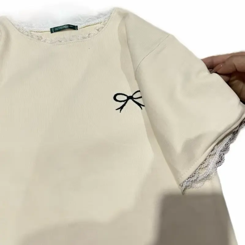 Mở Bán áo thun kiểu dáng fom ôm babytee cổ tay phối ren nơ thêu trước ngực cực điểm nhất hót trend 5