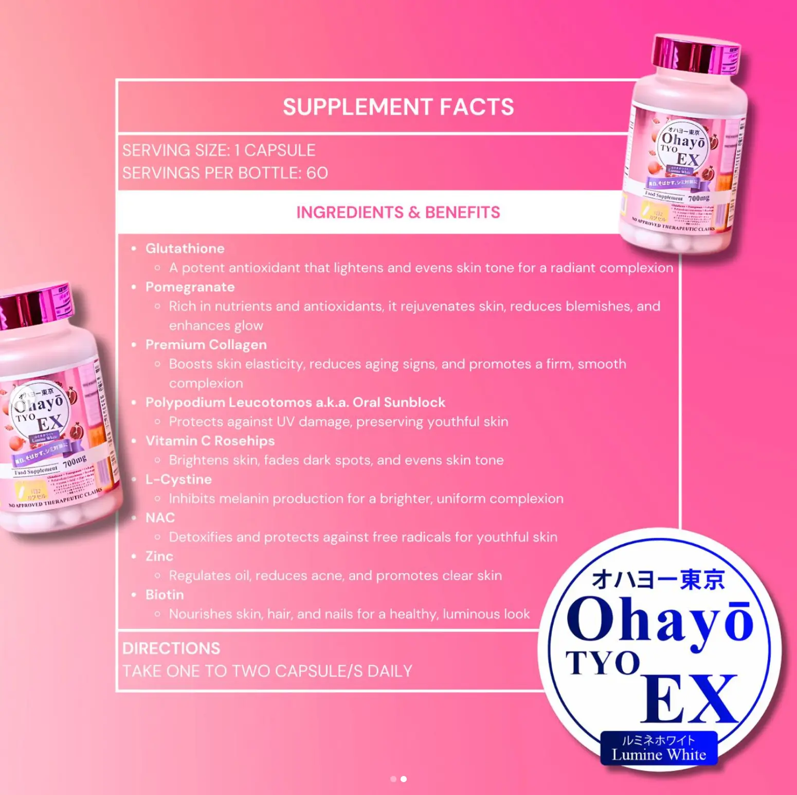 Ohayo TYO EX Lumine White  Glutathione + Collagen Skin Support Supplement  (60 Capsules) - TikTok Shop Philippines