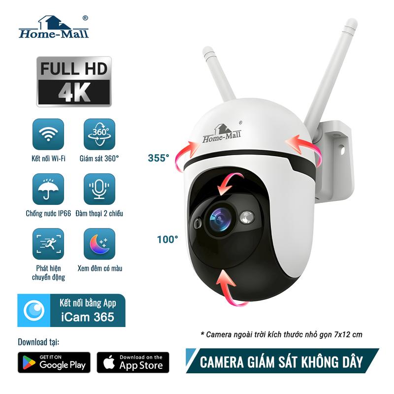  Home-Mall Camera mini giám sát WiFi dùng cho trong nhà và ngoài trời,chống nước,xoay linh hoạt,đàm thoại 2 chiều,phát hiện chuyển động,hỗ trợ Zoom 4X Hình ảnh sắc nét,APP iCam365 