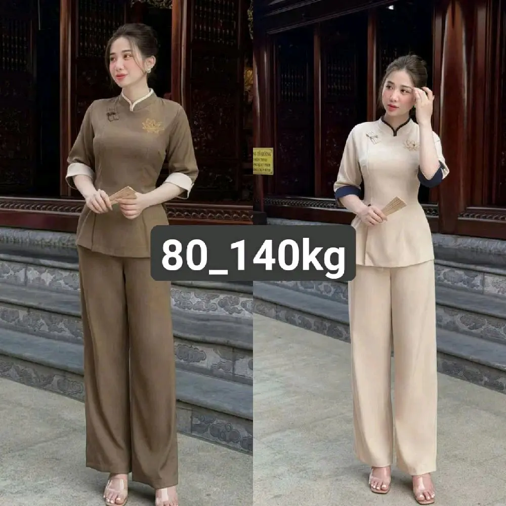 (80_110kg) Bộ đồ lam đi chùa nữ đi chùa đi lễ thêu hoa sen phối tay chất liệu đũi thái mêmmềm mịn sang chảnh