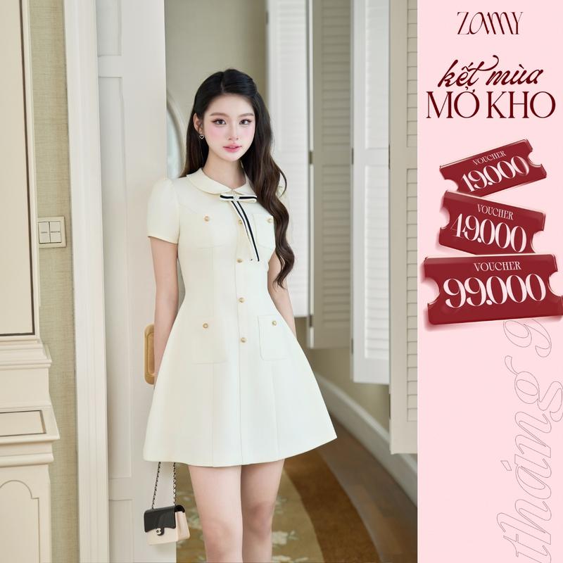 ZAMYSHOP - Váy thiết kế cổ sen khuy dọc nơ kẻ,váy xinh vibe tiểu thư,thanh lịch,đầm đẹp đi tiệc cưới