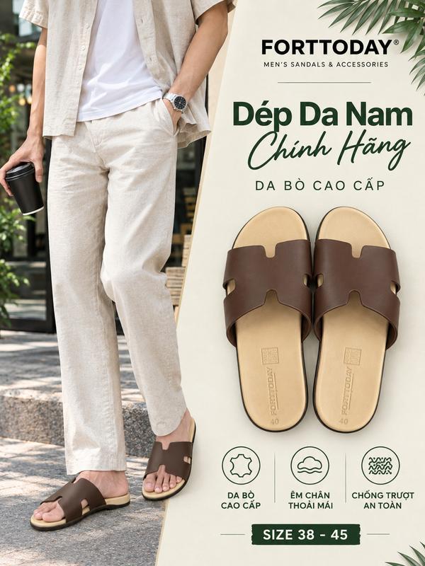 Dép Da Bò Nam Cao Cấp FORTTODAY - Dép Chữ H Êm Chân, Đàn Hồi Cao Không Nhăn, Chống Trơn Trượt Đi Hàng Ngày TD03