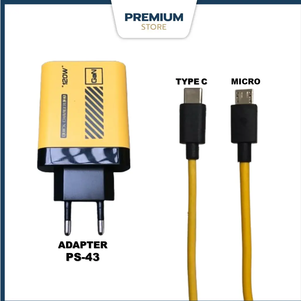 Adaptor Charger PS43 + Kabel TYPE C Micro USB PD 120W adapter GaN Fast Charging universal