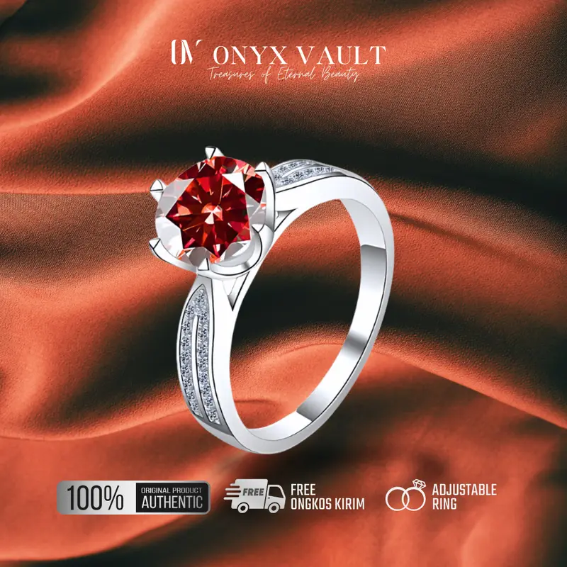 MiyuLight - [C10] Red Diamond, Cincin Wanita Adjustable Platinum Permata Diamond untuk Model Couple Serasi Jewelry 0