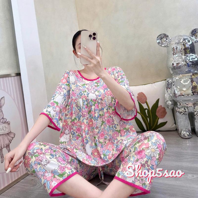 Đồ bộ tole lanh nữ mặc nhà quần 8 tấc, áo tay lỡ viền màu SHOP5SAO (43-75kg) Women Đồ mặc nhà