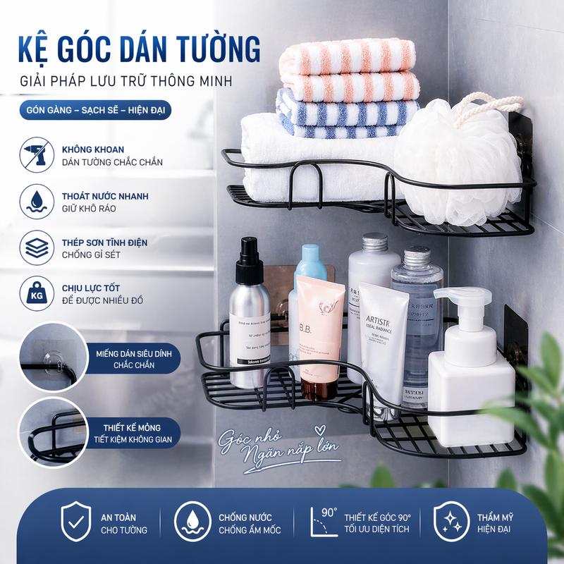 Combo 2 Kệ góc nhà tắm,giá vuông để đồ nhà bếp phun sơn tĩnh điện - dán tường siêu dính trong nhà tắm, nhà bếp