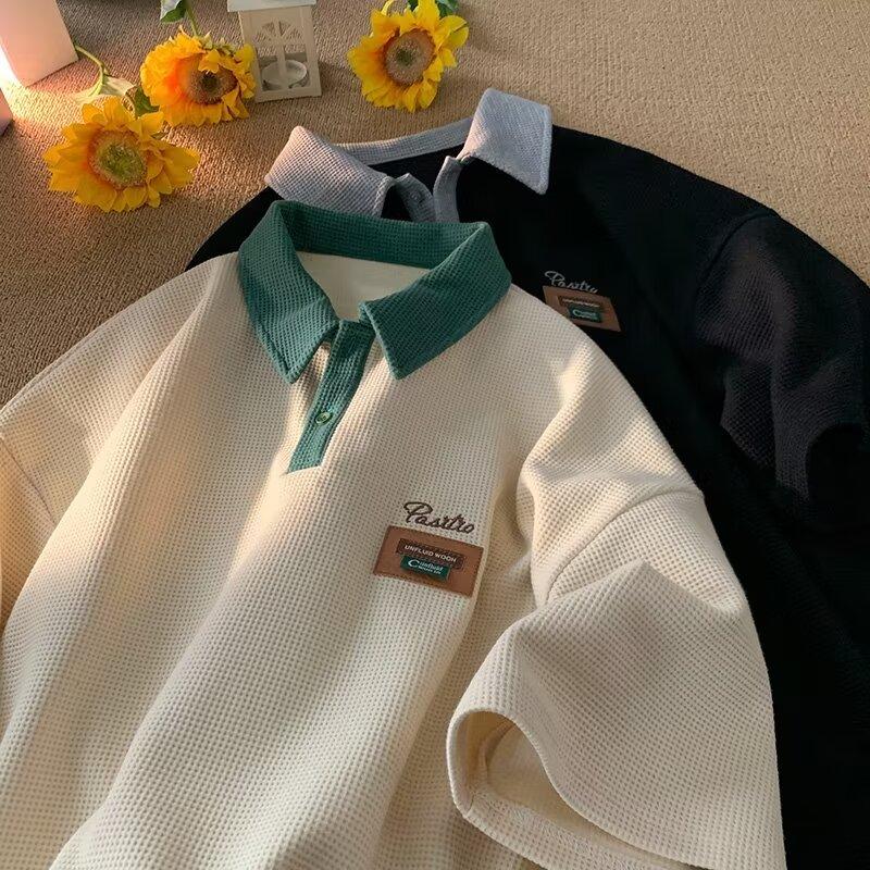 Áo Polo Có Ve Áo Tương Phản, Màu Đỏ Đậm, Nặng 230G, Áo Thun ngắn Tay Dáng Rộng Vải Bánh Quế, Tay Lửng Thích Hợp Cho Nam Và Nữ, Lý Tưởng Cho Mùa Hè Menswear 4