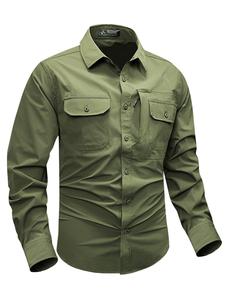 Camisa de manga larga de secado rápido para hombre, ropa de trabajo al aire libre con múltiples bolsillos, diseño militar elástico, botones en el cuello y la frente