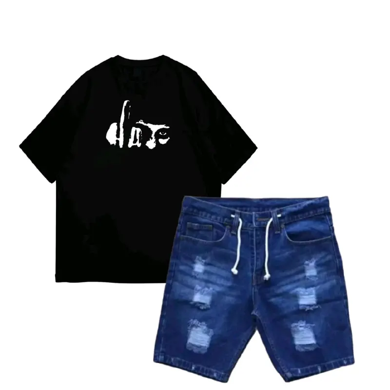 Setelan kaos distro motif HATE YOU dan celana jeans sobek pendek 6