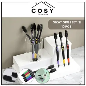 COSY Sikat Gigi Lembut Dewasa Double Care Sensitive High Quality Bamboo Charcoal Travel Toothbrush Set isi 10 Pcs - Plastik