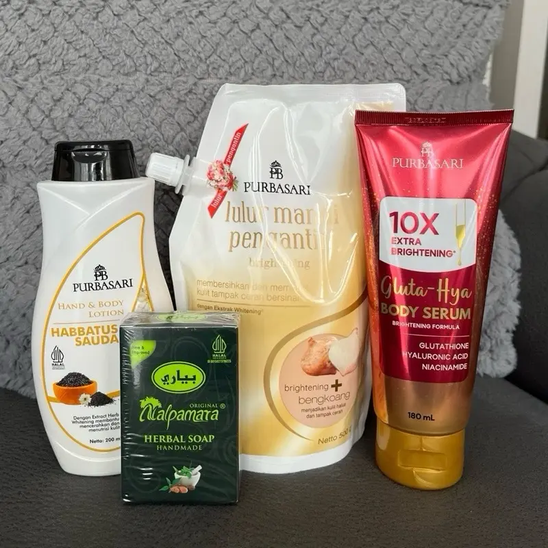 PAKET 4 Perawatan Tubuh Purbasari Lulur Mandi Pengantin Bengkoang 500gr + Hand&Body Lotion Habbatussauda 200ml + Glutathione Body Serum 180ml + Nalpamara Herbal Soap
