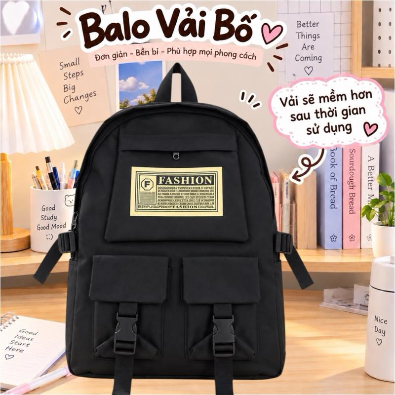 Balo Nam Nữ Đi Học Vải Bố Trơn Màu Đen Kích Thước 32x45x12 Chống Thấm Nước…