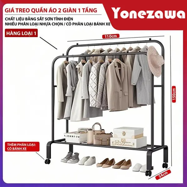 Giá Treo Quần Áo Bằng Sắt Sơn Tĩnh Điện, Giá phơi quần áo hai tầng đa năng, 2 Giàn Treo 1 Tầng Đựng Đồ, chất liệu kim loại chắc chắn, giá đựng giày và giá treo quần áo đa năng tiện lợi, lắp ráp đơn giản, tiện lợi