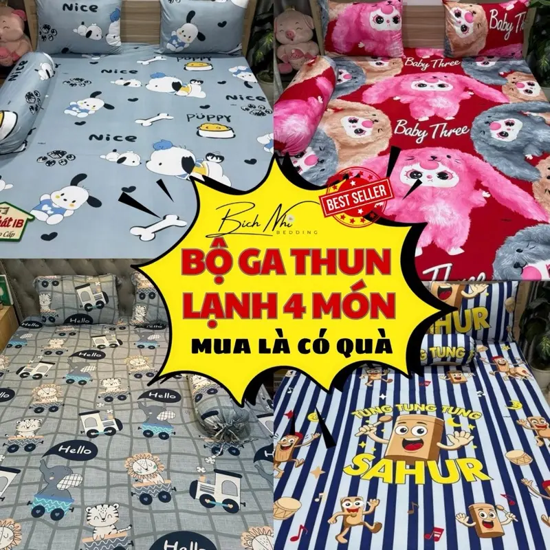 *ByNyDrap* (100 MẪU HOT) Bộ Ga Thun Lạnh 4 Món - Chất thun co giãn thoáng mát (1 ga bo thun, 2v nằm, 1v ôm rút)