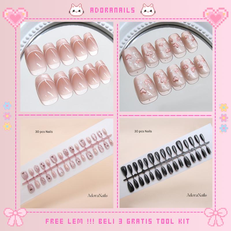 AdoraNails - [Koleksi Cat Eye 30 pcs] [NO BOX GRATIS LEM JELLY] Kuku Palsu / Kuku Palsu Cat Eye / Nail Art Daily Elegan Model Baru 30 pcs dan Lem Jelly untuk Wisuda Wedding Acara Cat Tangan Polish Tempel 0