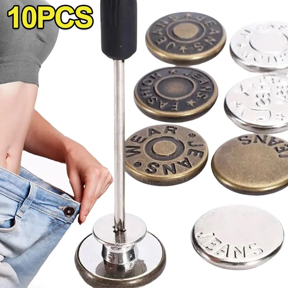 10Pcs/pack With Screwdriver Jeans Buttons Adjustable Nail Free Sewing Accessories Waist Extenders Button Clothing Pants 17mm Waist Buckle for Jeans