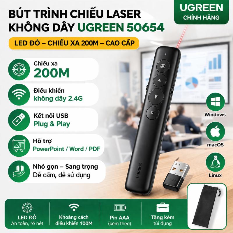Bút trình chiếu không dây Ugreen 50654 – 2.4GHz – có laser – màu đen